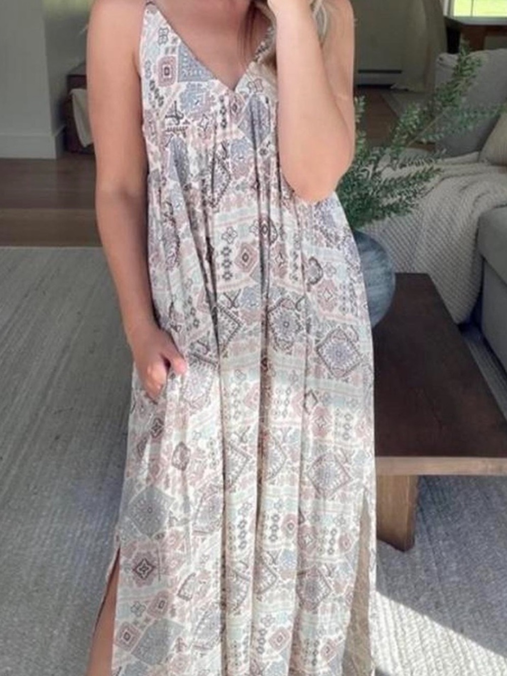 Boutique Babydoll Paisley Slit Slip Maxi Dress
